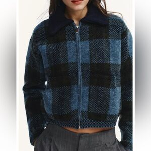 Zara Blue and Black Plaid Zip-Up Jacket! NWT